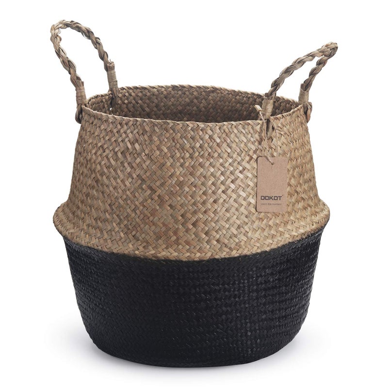 DOKOT Seagrass Belly Basket with Handles Natural Woven Planter Baskets for Indoor Plants Storage Laundry (Black 8 inch D x 9 inch H) - Image 1